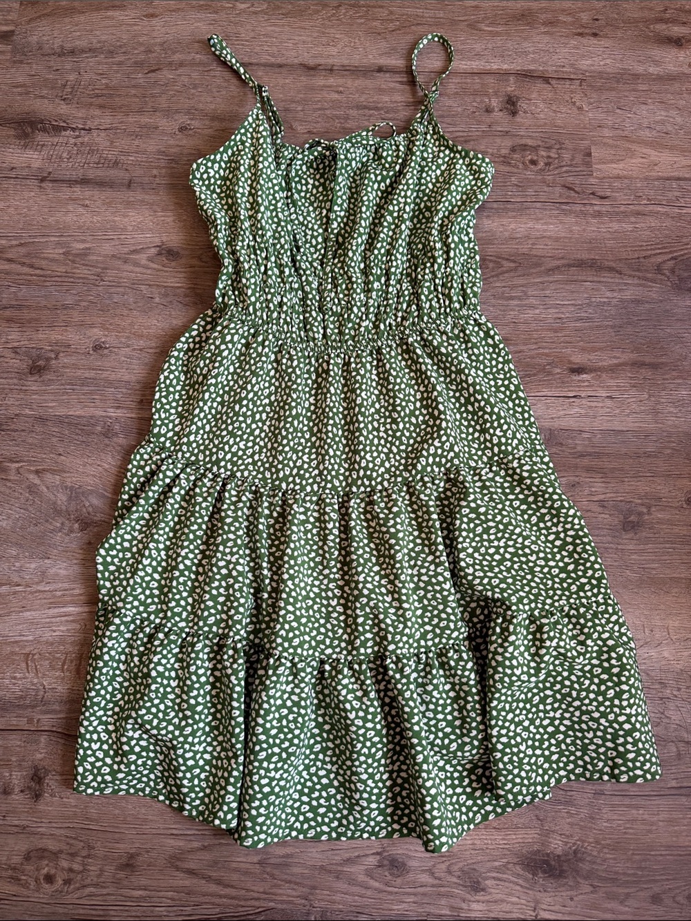 Smocked Green Printed Tiered Midi Dress with Spaghetti Straps
